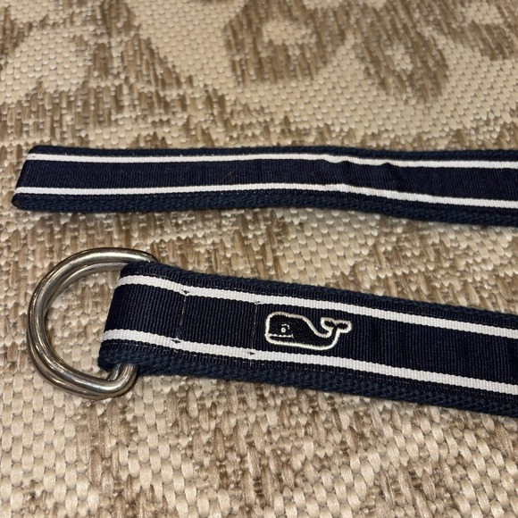 Vineyard Vines Men's Large L D-Ring Striped Cotton Belt Navy Blue Whale Logo - Picture 1 of 11